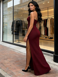 Red Halter Spandex A Line Long Maxi Dress With Slit