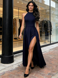 Red Halter Spandex A Line Long Maxi Dress With Slit