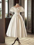 Lace Tea Length Bowknot White Satin Wedding Dress