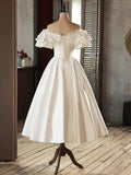 Lace Tea Length Bowknot White Satin Wedding Dress