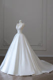 Satin Lace Up Ruched A-Line V-Neck Wedding Dress