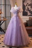 Short Sleeves Tulle Lilac Sqaure Floral Prom Dress