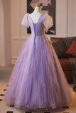 Short Sleeves Tulle Lilac Sqaure Floral Prom Dress