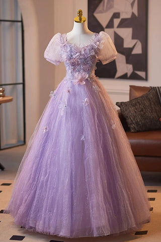 Short Sleeves Tulle Lilac Sqaure Floral Prom Dress