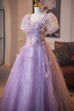 Short Sleeves Tulle Lilac Sqaure Floral Prom Dress
