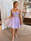 Sweetheart Appliques Purple Tulle Short Mini Homecoming Dress