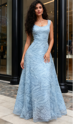 Blue Tulle A Line V Neck Backless Prom Dress