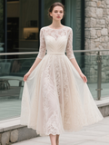Half Sleeve Lace Chiffon Scoop Tea Length Wedding Dress
