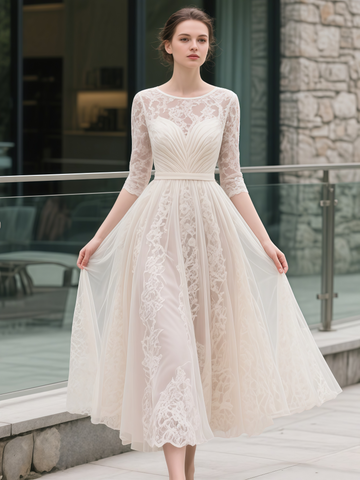 Half Sleeve Lace Chiffon Scoop Tea Length Wedding Dress