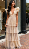 Polka Dot V Neck Ruffles A Line Champagne Wedding Dress