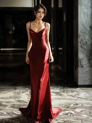 Burgundy Spaghetti Straps Satin Sheath Column Prom Dress