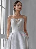 Flower Satin A Line Sweetheart Button White Wedding Dress