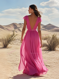 Cap Sleeve A Line Hot Pink Chiffon Prom Dress With Slit