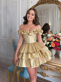 Gold Layer Short Mini Off The Shoulder Homecoming Dress