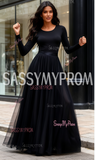 Scoop Long Sleeve A Line Black Tulle Prom Dress