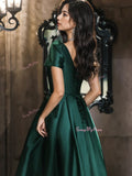 Floor Length Satin Green Short Sleeve Prom Dress