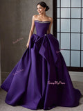 Satin Beading Strapless Grape Purple A Line Bow Prom Dress