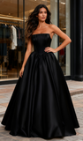 A Line Strapless Simple Black Satin Prom Dress