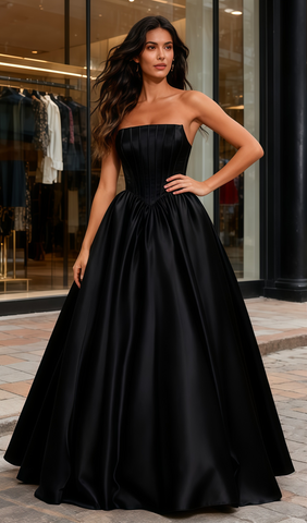 A Line Strapless Simple Black Satin Prom Dress