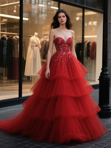 Layers Beading Tulle A Line Red Sweetheart Wedding Dress