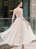 Half Sleeve Lace Chiffon Scoop Tea Length Wedding Dress