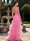 High Neck Lono Seeve Sequin Hot Pink Jumpsuit With Train