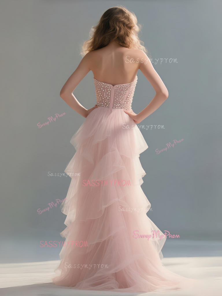 See Through Pearls A Line Tulle Pink Sheer Prom Dress With Slit ...
