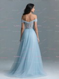 Off The Shoulder Appliques Blue Tulle Prom Dress With Slit