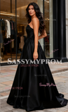 A Line Strapless Simple Black Satin Prom Dress