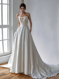 Flower Satin A Line Sweetheart Button White Wedding Dress