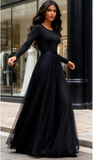Scoop Long Sleeve A Line Black Tulle Prom Dress