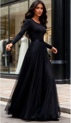 Scoop Long Sleeve A Line Black Tulle Prom Dress