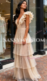 Polka Dot V Neck Ruffles A Line Champagne Wedding Dress