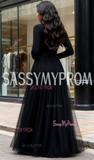 Scoop Long Sleeve A Line Black Tulle Prom Dress