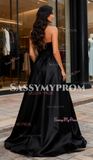 A Line Strapless Simple Black Satin Prom Dress