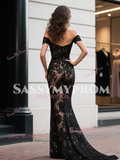 Off The Shoulder Lace Trumpet Mermaid Black Prom Dress With Slit