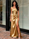 A Line Satin Gold Straps Bridesmaid Dress With Slit