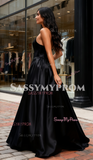 A Line Strapless Simple Black Satin Prom Dress