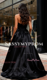 A Line Strapless Simple Black Satin Prom Dress