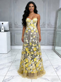 Sweetheart Yellow Lace A Line Floral Prom Dress