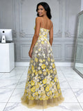Sweetheart Yellow Lace A Line Floral Prom Dress