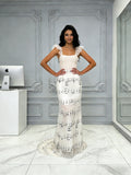 Ruffles Scoop A Line Print White Prom Dress