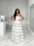 Lace A Line White Note Sweetheart Print Tulle Prom Dress