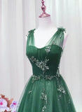 Green Tulle V Neck Beading Appliques Prom Dress