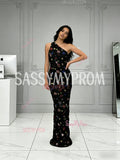 One Shoulder Trumpet Mermaid Black Floral Prom Dress