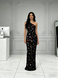 One Shoulder Trumpet Mermaid Black Floral Prom Dress