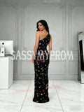 One Shoulder Trumpet Mermaid Black Floral Prom Dress