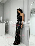 One Shoulder Trumpet Mermaid Black Floral Prom Dress
