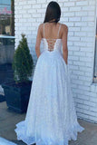 Lace-Up Back White Sequin Straps A-Line Prom Dress