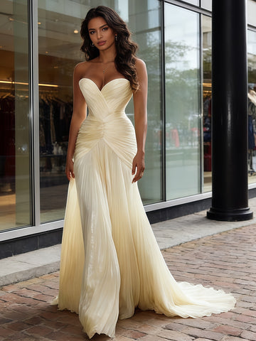 Beige Sweetheart Ruched Tulle Sheath Column Prom Dress